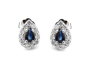 Aretes de oro blanco de 14 quilates con zafiro azul y diamante (piedra de nacimiento de septiembre)