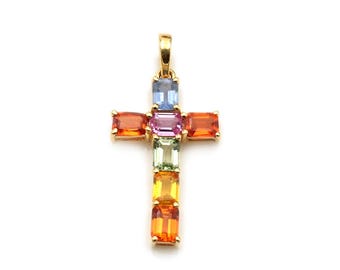 Handmade 14k Yellow Gold Sapphire Cross Pendant