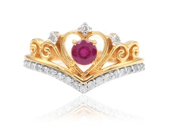Ruby Diamond 14K Gold Crown Ring: July Birthstone Promise Ring