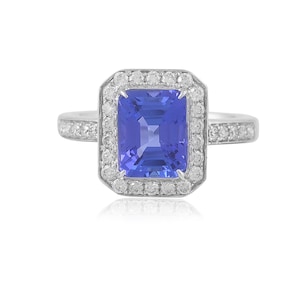 Emerald Cut Tanzanite Ring: Diamond Halo, 18K White Gold
