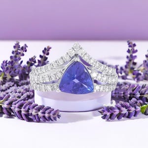 Trillion Tanzanite Diamond Ring: 18K White Gold Engagement Ring