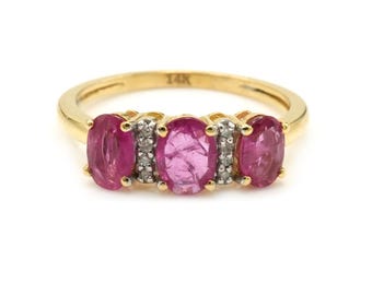 Handmade Oval Cut Ruby & Diamond 14K 18K Gold Ring: Birthstone Jewellery, Three Stone Ring