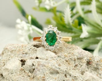 Oval Emerald Diamond 18K Yellow Gold Ring Pendant: May Birthstone