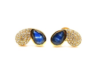 Pendientes minimalistas de oro blanco de 14 quilates con zafiro azul y diamantes – Piedra natal de septiembre