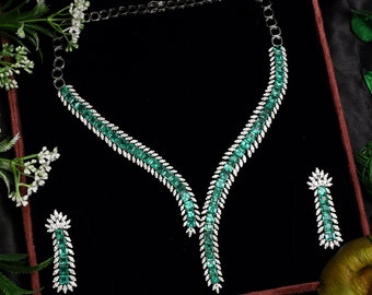 Natural Emerald & Diamond Studded 18K Solid White Gold Necklace With Earrings, May Birthstone, Emerald Gold Necklace, Snake Design Necklace