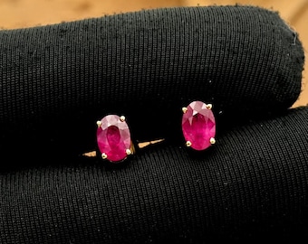Ruby Oval Cut Stud Earrings: 14K White Gold Genuine Ruby Indian jewelry