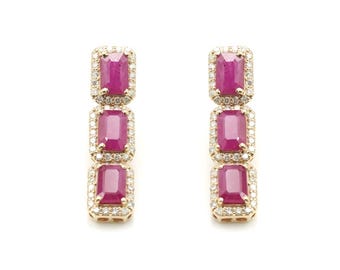 Ruby Diamond Dangler Earrings: 18K Yellow Gold Fine Jewellery, Natural Ruby Stud