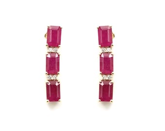18K Gold Ruby Diamond Dangle Earrings: July Birthstone Jewelry