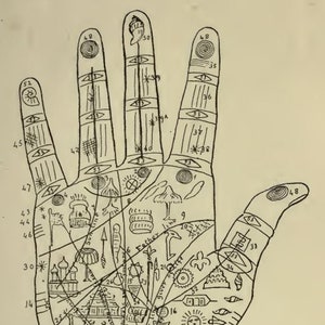 Puede incluir: Un dibujo en blanco y negro de una mano con varios símbolos y números etiquetados en cada dedo y palma. La mano está etiquetada como "PLATE I. THE REFERENCE HAND."