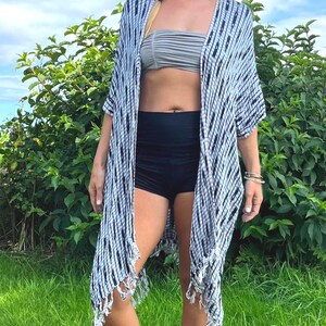 Kimono Cape Wrap Jacket Indigo Navy White Stripe Pattern Natural Fringe Cotton Robe Beach cover up - hand-woven, organic plant dye luxurious