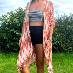 Kimono Cape Wrap Jacket Rust Brown Chevron Pattern Natural Cotton Fringe Robe Beach cover up - hand-woven, organic plant dye soft luxurious