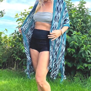 Kimono Cape Wrap Jacket Indigo Teal Chevron Pattern Natural Cotton Fringe Robe Beach cover up - hand-woven, organic plant dye soft luxurious