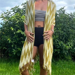 Kimono Cape Wrap Jacket Mustard Yellow Chevron Pattern Natural Cotton Fringe Robe Beach cover up - hand-woven, organic plant dye luxurious