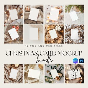May include: A Christmas card mockup bundle featuring 12 PNG and PSD files. The image showcases various blank cards with festive decorations like ornaments, gingerbread cookies, and greenery. The text "CHRISTMAS, CARD MOCKUP bundle" is displayed.