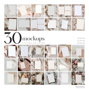 30 mockup di inviti per matrimoni e baby shower, mockup di cancelleria per matrimoni, bundle di mockup di biglietti di auguri minimalisti neutri, bundle di mockup di biglietti 5x7