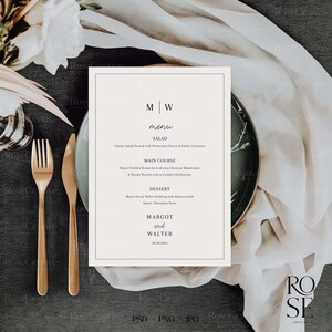 Könnte beinhalten: Eine weiße Hochzeitsmenükarte mit schwarzem Text. Das Menü umfasst Salat-, Hauptgericht- und Dessert-Optionen. Die Karte enthält auch die Namen Margot und Walter sowie das Datum 20.08.2024.