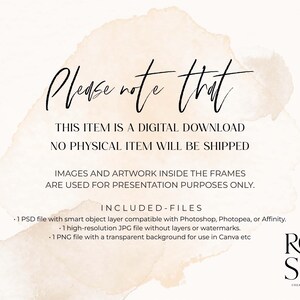 May include: Cream-colored digital download announcement with the text "Please note that THIS ITEM IS A DIGITAL DOWNLOAD NO PHYSICAL ITEM WILL BE SHIPPED." Includes file types: PSD, JPG, and PNG. The Rose Creative logo is in the bottom right corner.
