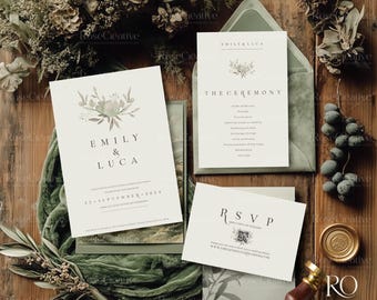Rustic Wedding Invitation Mockup: Olive Green Card Suite (Digital Download)