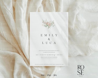 5x7 Wedding Invitation Mockup, Aesthetic Minimal Flat Lay Card Mockup, PSD Smart Object Canva PNG, Modern Neutral Styled Stock