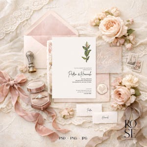 May include: Wedding invitation suite with a floral theme. Includes a main invitation, save-the-date card, name cards, and a ring box. The color palette is soft, featuring blush pinks, creams, and touches of gold. The invitation reads "Pedro & Hannah".
