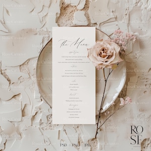 Maquette de menu de mariage, maquette de carte blanche, modèle Canva, papeterie de mariage