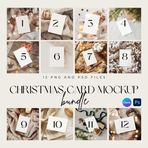 May include: A Christmas card mockup bundle featuring 12 PNG and PSD files. Each card is displayed with festive elements like ornaments, gingerbread cookies, and cozy textures. The text "CHRISTMAS, CARD MOCKUP bundle" is displayed in elegant script.