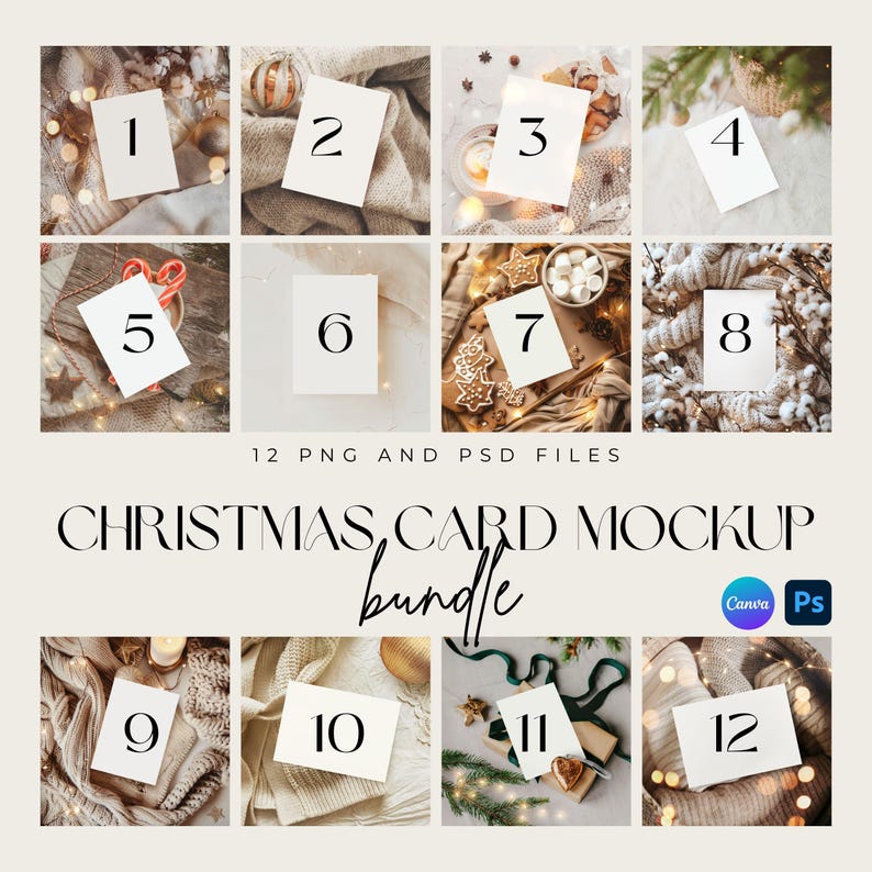 May include: A Christmas card mockup bundle featuring 12 PNG and PSD files. Each card is displayed with festive elements like ornaments, gingerbread cookies, and cozy textures. The text "CHRISTMAS, CARD MOCKUP bundle" is displayed in elegant script.