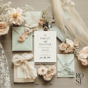 Elegante bruiloft uitnodigingskaart mock-up, vintage pastel salie groene achtergrond, blanco kaart mockup, PSD, png PNGEgg