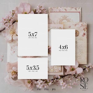 May include: A collection of blank cards in various sizes, including 5x7, 4x6, and 5x3.5 inches, arranged with floral and vintage-style stationery. The cards are white with black text indicating sizes and file types. The image is decorated with pink flowers and a ribbon.