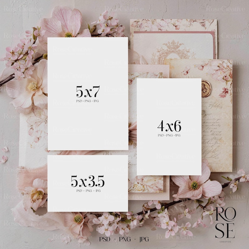 May include: A collection of blank cards in various sizes, including 5x7, 4x6, and 5x3.5 inches, arranged with floral and vintage-style stationery. The cards are white with black text indicating sizes and file types. The image is decorated with pink flowers and a ribbon.