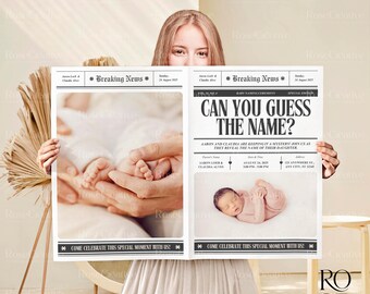 Puede incluir: Un anuncio de estilo periódico para una ceremonia de nombramiento de bebé. El titular dice "¿Puedes adivinar el nombre?" con los nombres de los padres y la fecha y hora del evento. El anuncio presenta una foto de los pies del bebé y una foto del bebé.