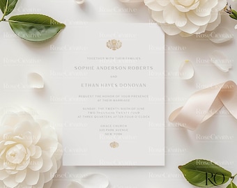 Op de afbeelding: Een witte huwelijksuitnodiging met gouden letters. De uitnodiging kondigt het huwelijk aan van Sophie Anderson Roberts en Ethan Hayes Donovan. Het huwelijk vindt plaats op zondag 26 juni 2024 om 16:45 uur in de Grace Church, 325 Park Avenue, New York.