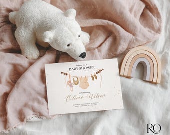Horizontal baby shower 7x5 card invitation mockup, boho style, PSD PNG
