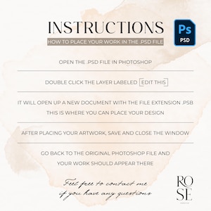 May include: Instructions on how to place work in a .PSD file. The text includes steps like opening the file in Photoshop, double-clicking a layer, and saving the artwork. A Photoshop icon is in the upper right corner.