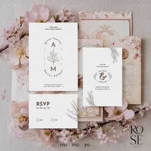May include: A collection of wedding stationery, including invitations, RSVP cards, and envelopes. The designs feature minimalist botanical illustrations and elegant typography. The color palette is soft, with cream and blush tones, and the text includes the names Alison and Macius.