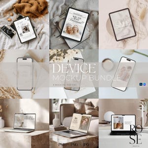 May include: A device mockup bundle featuring nine mockups of various devices, including tablets, smartphones, and laptops. The devices display different designs, including a birthday greeting, a bridesmaid proposal, and a sale announcement. The image also includes the text "DEVICE MOCKUP BUNDLE".