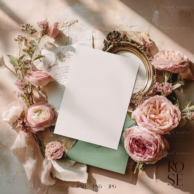 Romantic fine art wedding mockup flatlay with pink roses, vintage golden frame, green envelope and sunlight — elegant floral scene for stationery designs.