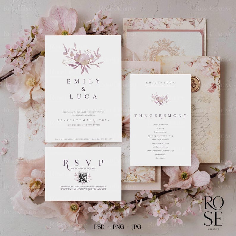 May include: A collection of wedding stationery featuring floral designs and the names "Emily & Luca." The invitation includes the date "22. September. 2024." An RSVP card with a QR code is also present. The stationery is surrounded by pink flowers.