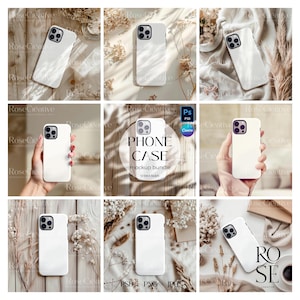 Op de afbeelding: Een verzameling witte telefoonhoesjes, weergegeven in verschillende arrangementen met gedroogde bloemen en stof. De hoesjes worden vanuit verschillende hoeken getoond, met een mockup-bundelafbeelding in het midden. De hoesjes zijn leeg, klaar voor ontwerp.