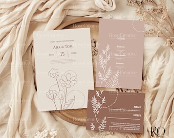 Boho Wedding Invitation Mockup Suite – Flatlay PSD & PNG for RSVP, Menu, Details Card, Reception, Itinerary, Canva Compatible