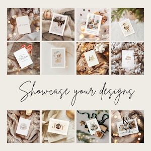 May include: A collection of Christmas cards with various designs, including winter scenes, festive illustrations, and holiday greetings. The cards are arranged on a neutral background with decorative elements like lights and greenery. The text "Showcase your designs" is also present.