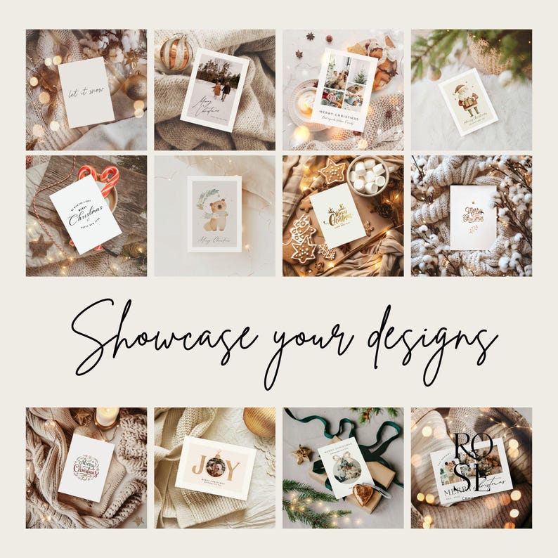 May include: A collection of Christmas cards with various designs, including winter scenes, festive illustrations, and holiday greetings. The cards are arranged on a neutral background with decorative elements like lights and greenery. The text "Showcase your designs" is also present.