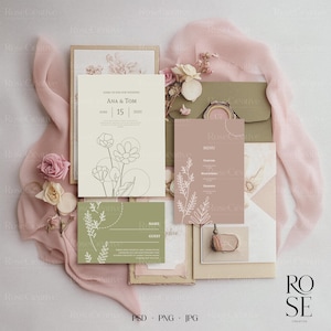 Conjunto de mockups de convites de casamento, 5x7 PSD elegante Flatlay Digital Download, mockup de papelaria de casamento de primavera