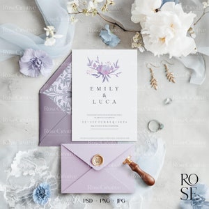 Einladungs-Mockup, Blanko-Karten-Mockup, 15 x 20 cm, Lila Einladungsvorlage, Hochzeitspapeterie, Canva-Vorlage