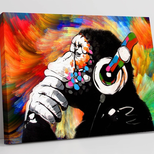 Banksy Art Print Banksy Style Monkey DJ Colorful Swirl Canvas
