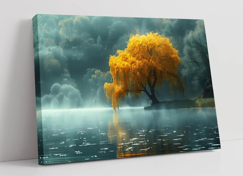 Beautiful Yellow Tree by Lake Contemporary Decor Wall Art Framed Canvas