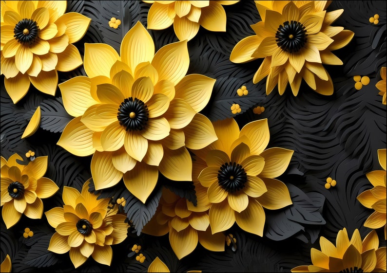 Pretty Faux Yellow Black Flowers Contemporary Wall Art Picture Framed