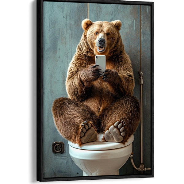 Grizzly bear sitting on toilet looking at a phone art Float Effect framed canvas print