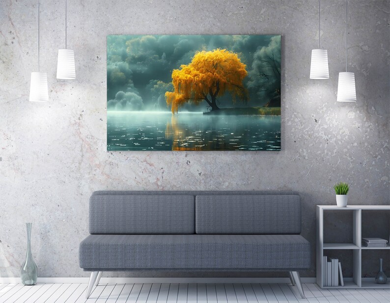 Beautiful Yellow Tree by Lake Contemporary Decor Wall Art Framed Canvas