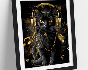 Black cat with gold headphones 2 art wall art picture framed art print